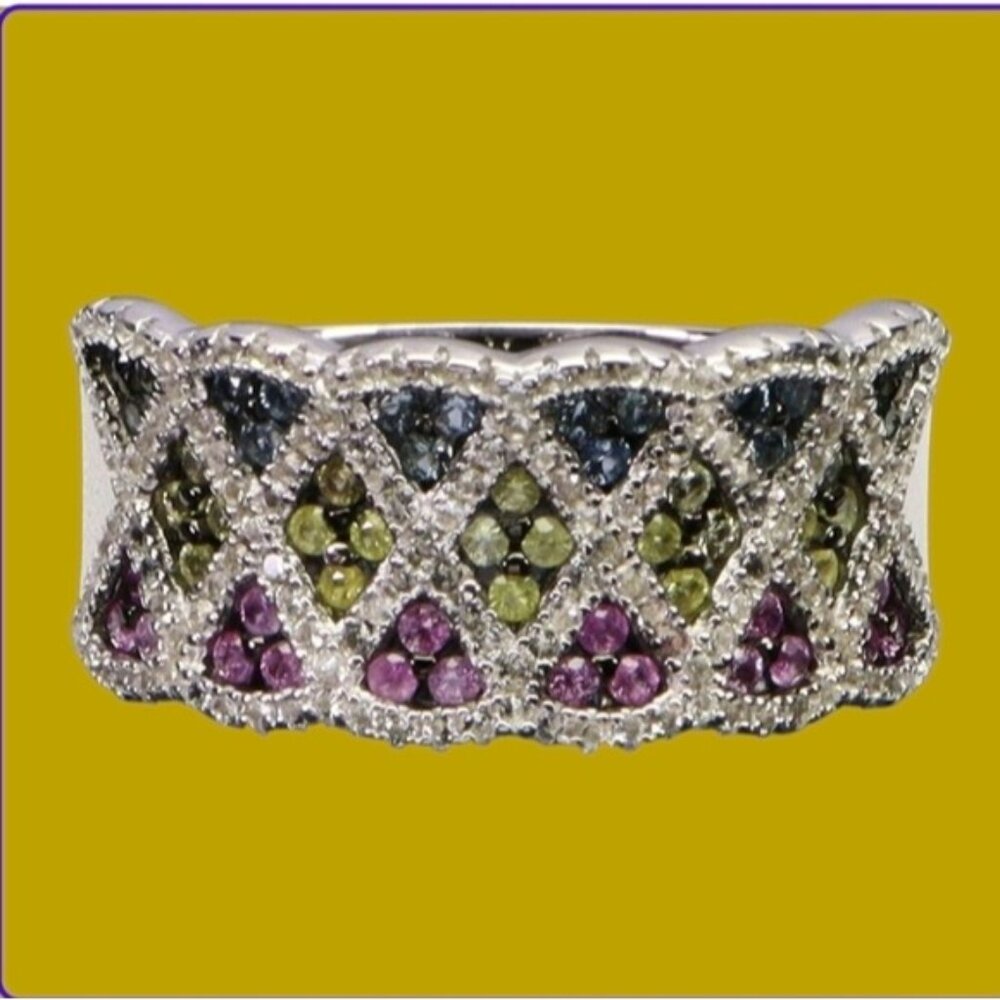 925 Sterling Silver Ring Sz 8 with Natural Sapphire & White Topaz Gems